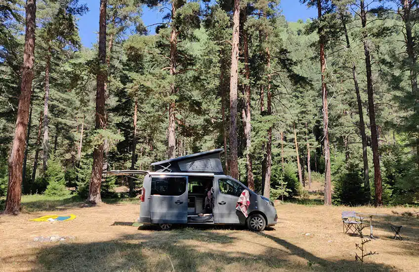 un van aménagé hanroad gris avec toit relevable ouvert au milieu de la forêt