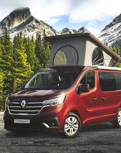 face avant renault trafic rouge van aménagé hanroad avec toit relevable